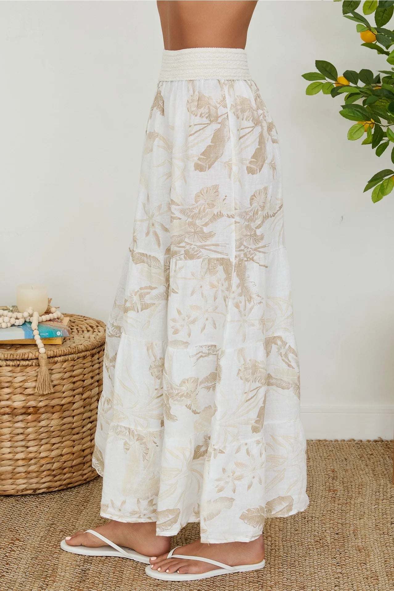 Tropical Print Tiered Linen Skirt
