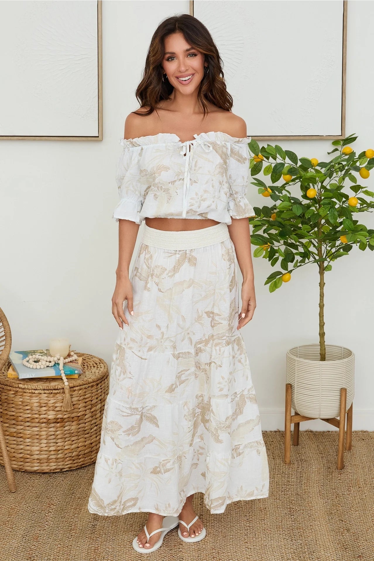Tropical Print Tiered Linen Skirt