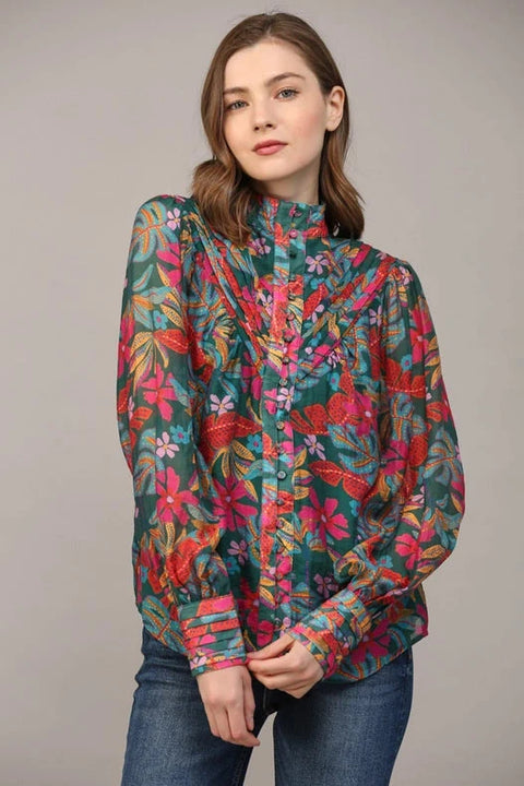 Tucked Yoke Detail Standing Collar Blouse