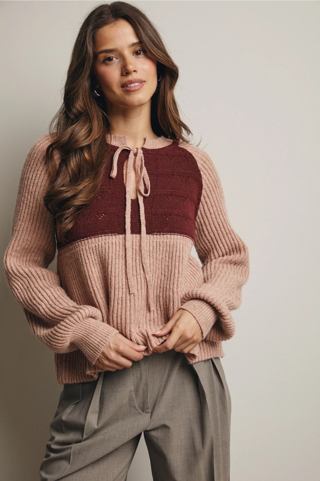 Two-Tone Knit Tie Neck Sweater