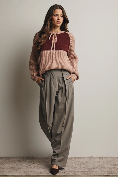 Two-Tone Knit Tie Neck Sweater