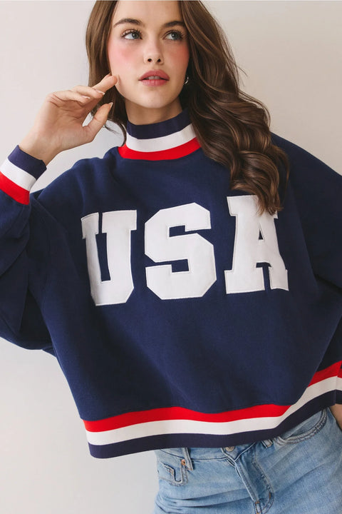 USA Letter Print Contrast Trim Sweatshirt - Navy
