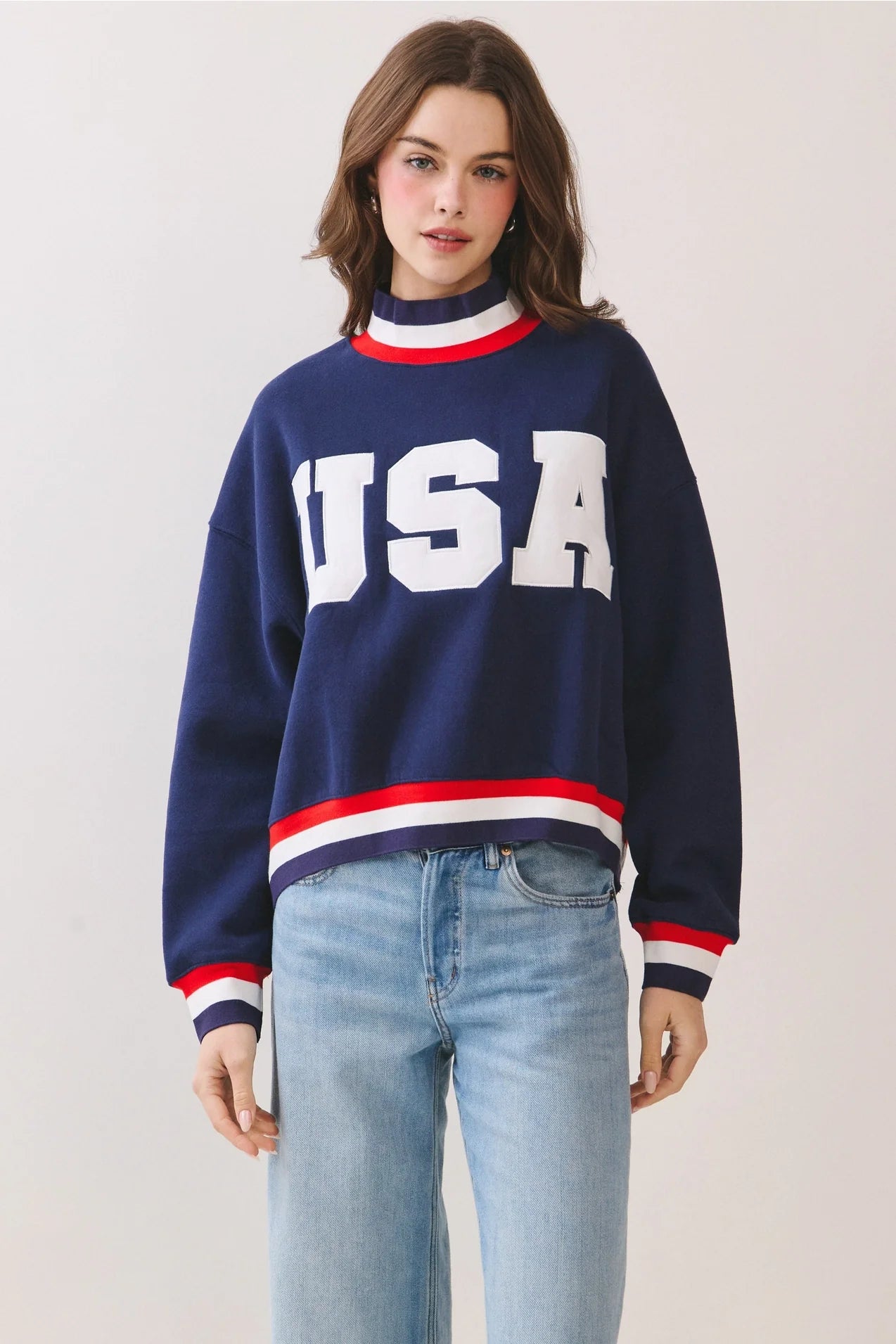 USA Letter Print Contrast Trim Sweatshirt - Navy