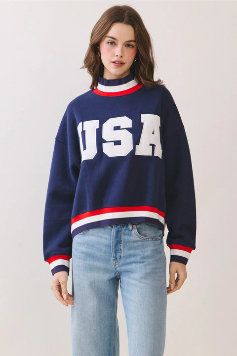 USA Letter Print Contrast Trim Sweatshirt - Navy