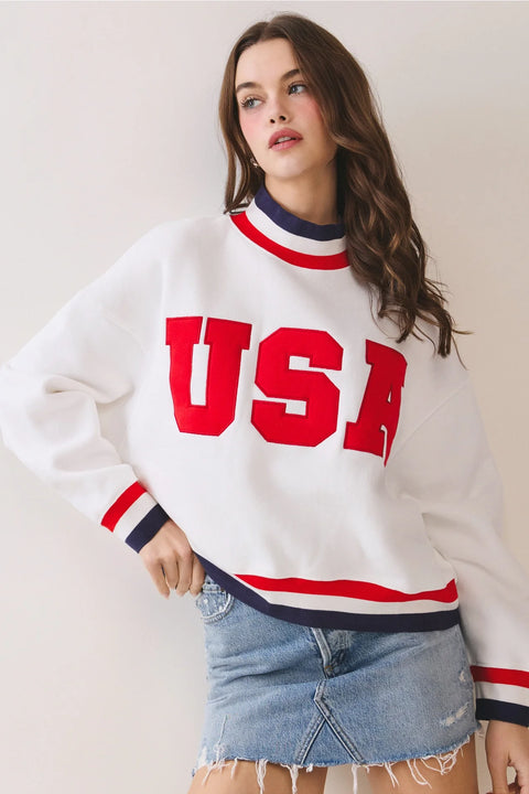 USA Letter Print Contrast Trim Sweatshirt - White