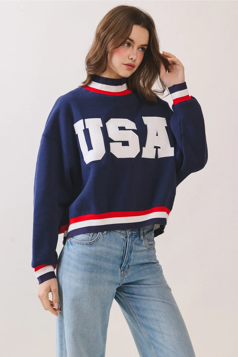 USA Letter Print Contrast Trim Sweatshirt - Navy