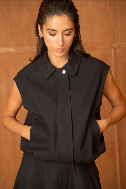 Urban Sleeveless Bomber Jacket with Lapel Collar
