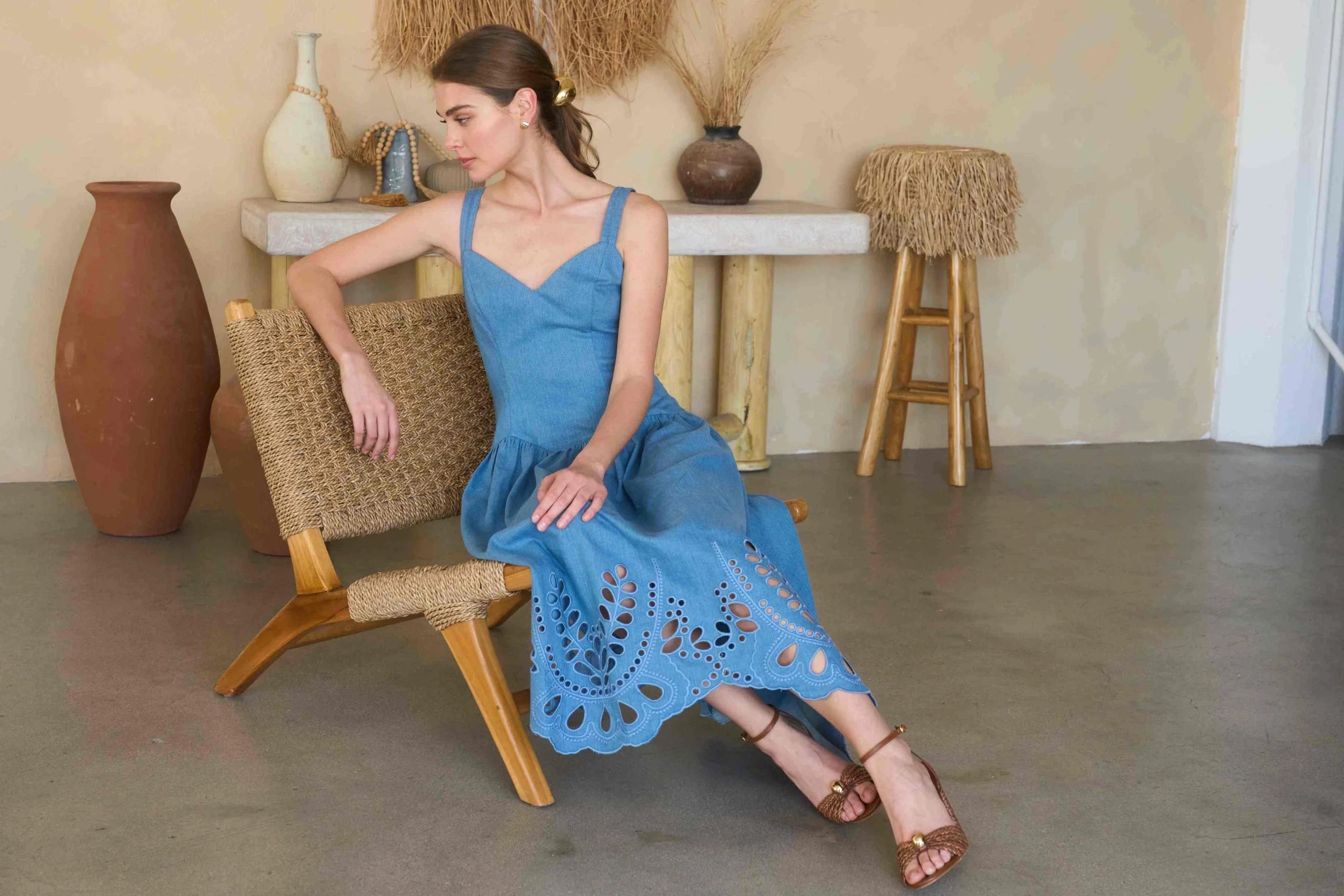 V-Neck Eyelet Detail Denim Midi Dress