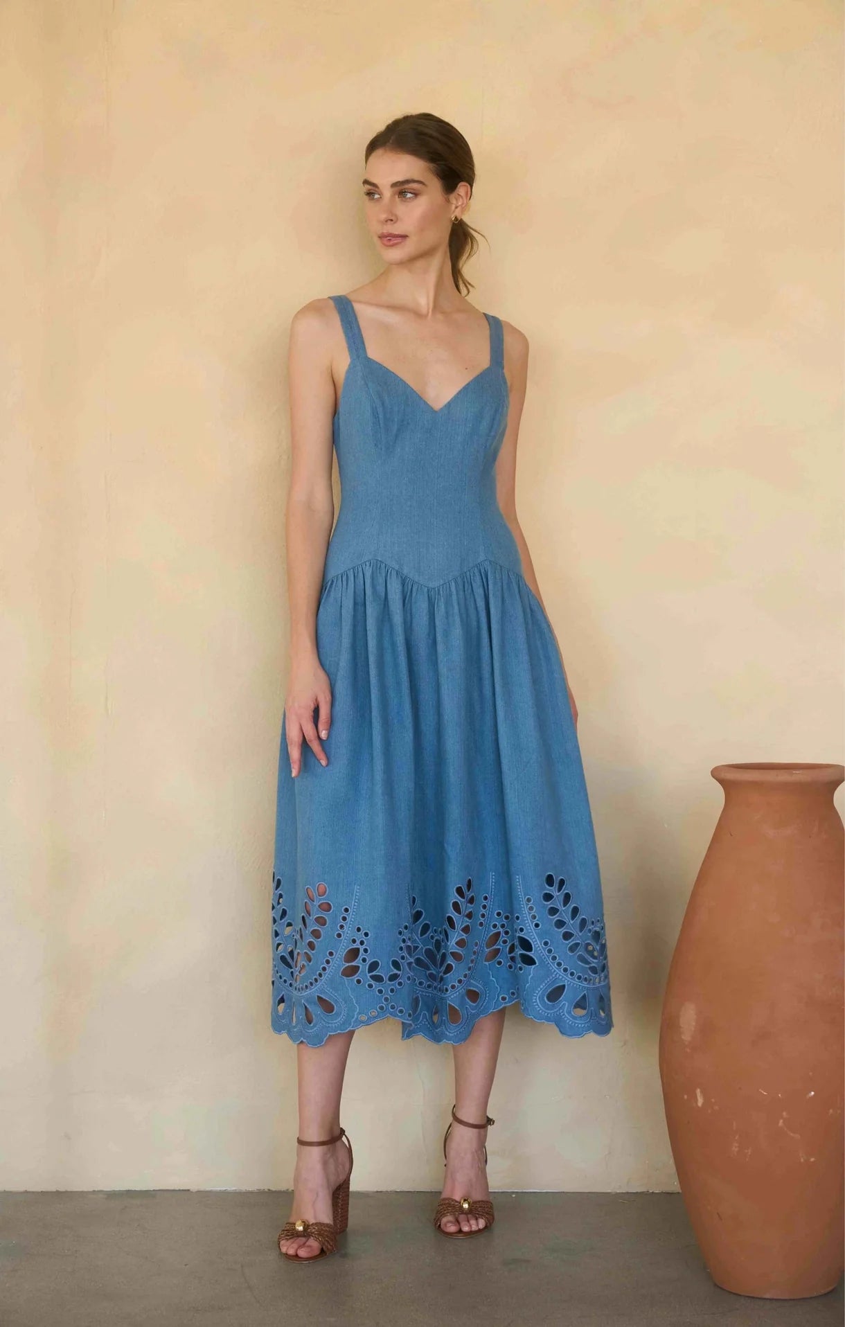 V-Neck Eyelet Detail Denim Midi Dress