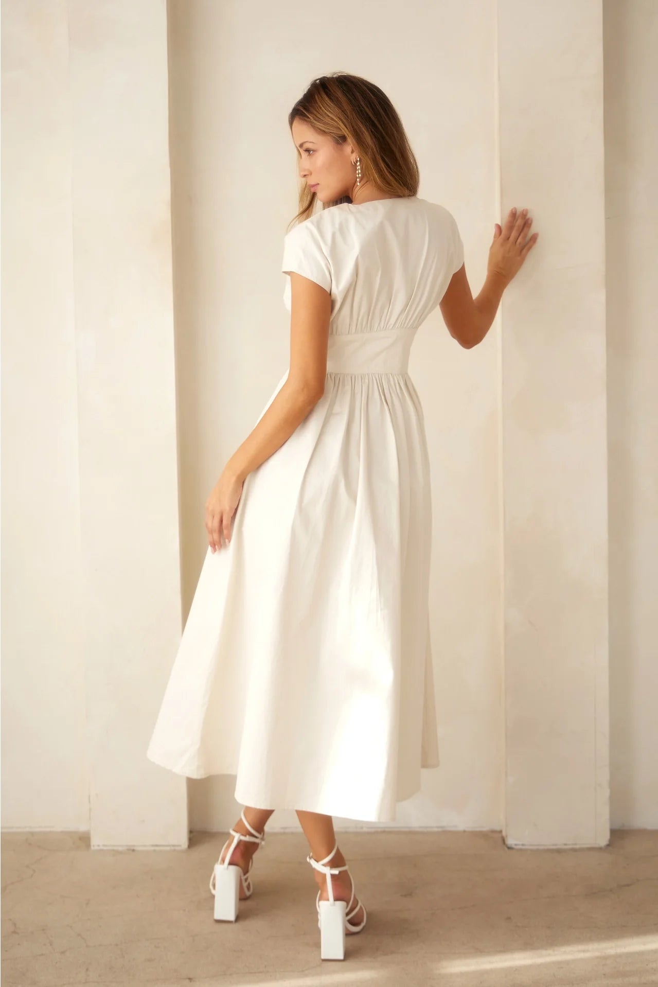 V-Neck Midi Dress with Leather Corset Belt