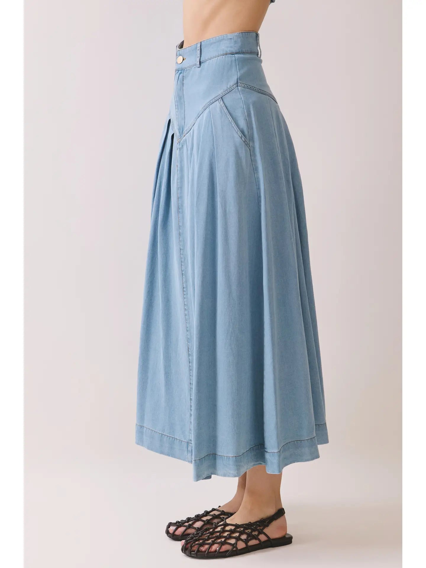 V Shaped Yoke Pleated Detail Denim Midi Skirt