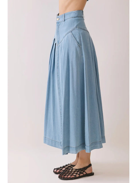 V Shaped Yoke Pleated Detail Denim Midi Skirt