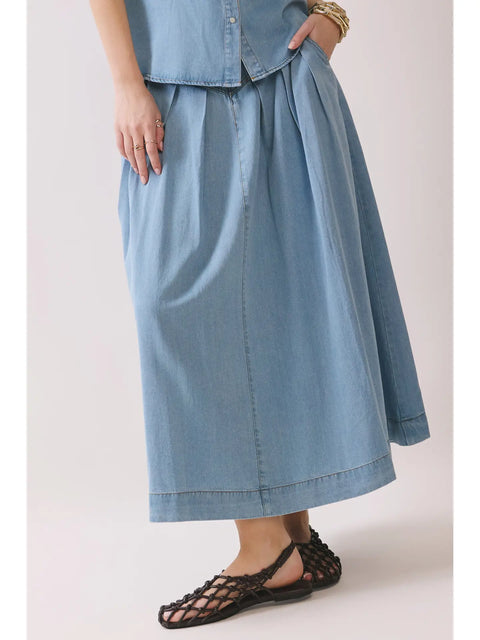 V Shaped Yoke Pleated Detail Denim Midi Skirt