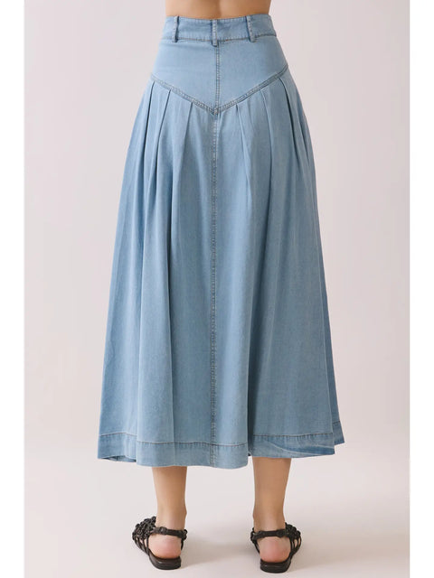 V Shaped Yoke Pleated Detail Denim Midi Skirt