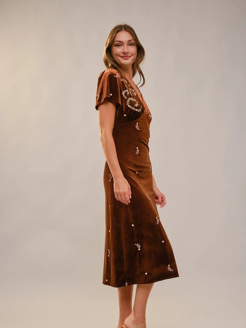Embroidered Velvet Midi Dress for Women
