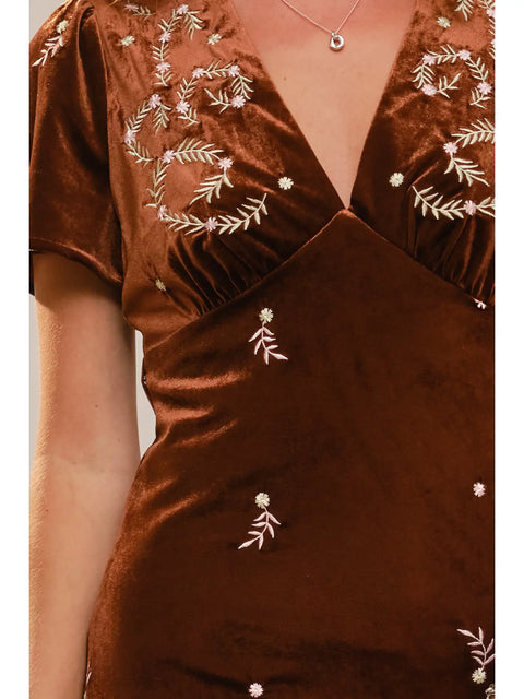 Embroidered Velvet Midi Dress for Women