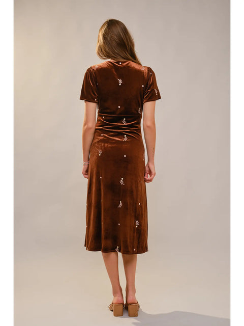 Embroidered Velvet Midi Dress for Women