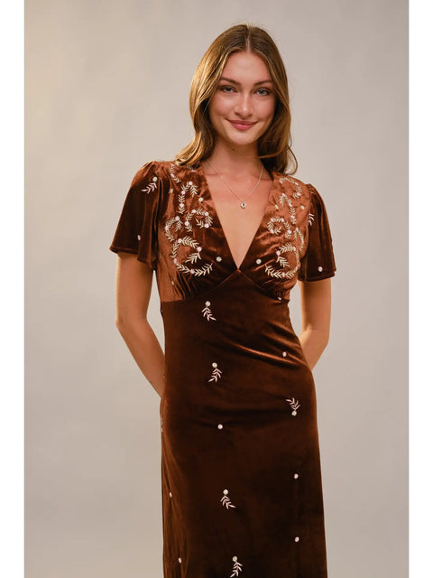 Embroidered Velvet Midi Dress for Women