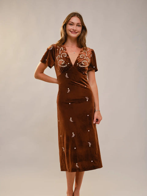 Embroidered Velvet Midi Dress for Women