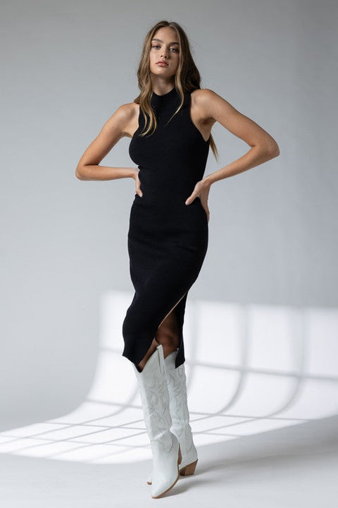 Vicky Sleeveless Mock Neck Dress Black Elegant Women's Dress