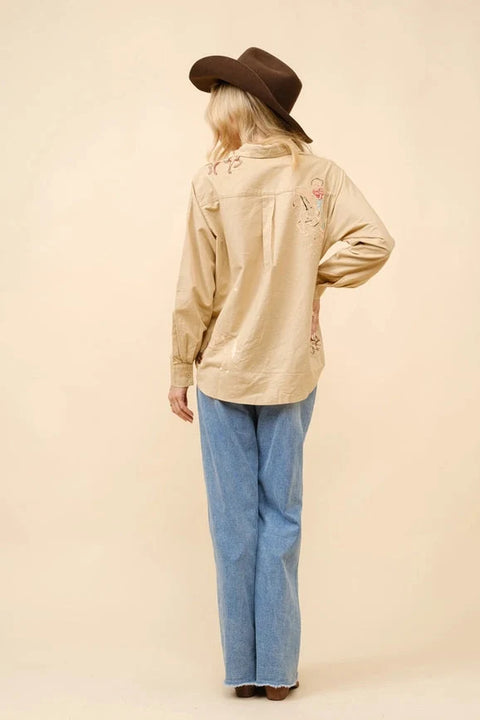 Western Cowgirl Motif Button Up Linen Shirt Blouse - CAMEL
