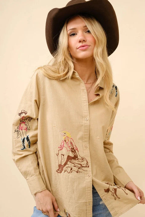 Western Cowgirl Motif Button Up Linen Shirt Blouse - CAMEL