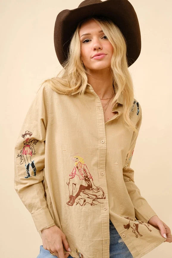 Western Cowgirl Motif Button Up Linen Shirt Blouse - CAMEL