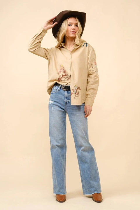 Western Cowgirl Motif Button Up Linen Shirt Blouse - CAMEL