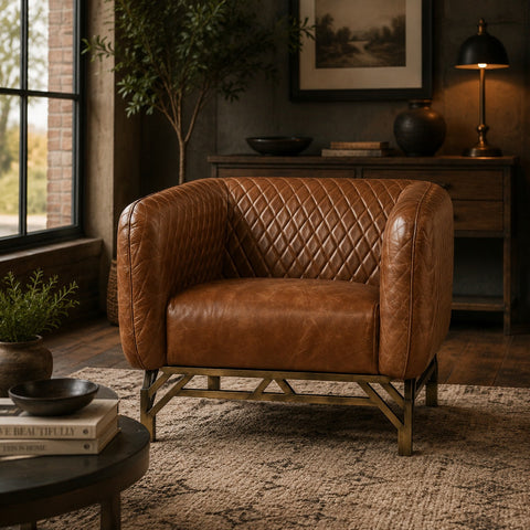 Vincent Industrial Modern Arm Chair - Light Brown Leather