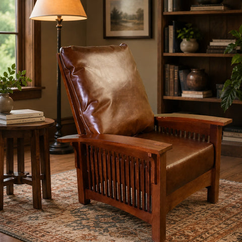Pre-Order Craftsman / Mission Leather and Oak Morris Chair - Chestnut
