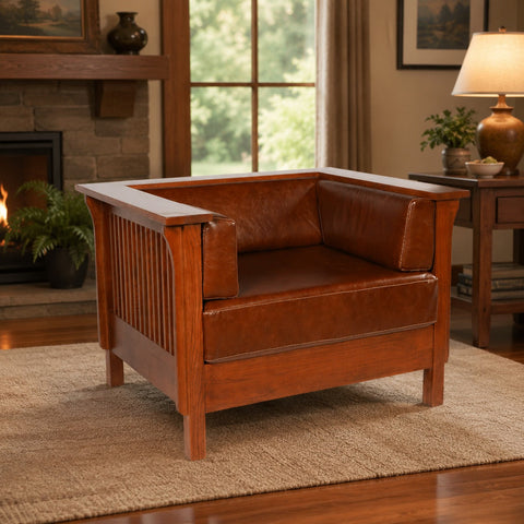 Pre-Order Arts and Crafts / Craftsman Cubic Slat Side Arm Chair - Chestnut Brown Leather