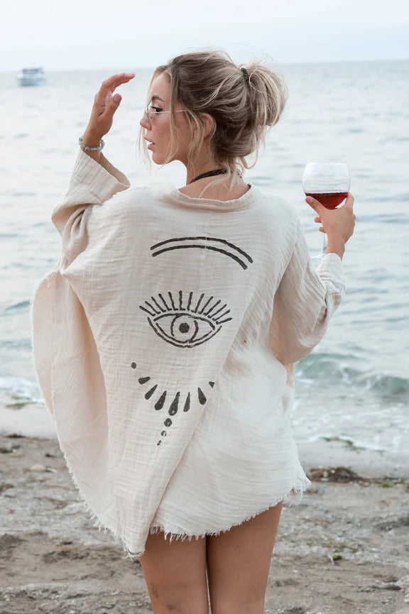 White Evil Eye Double Gauze Cotton Poncho Cream