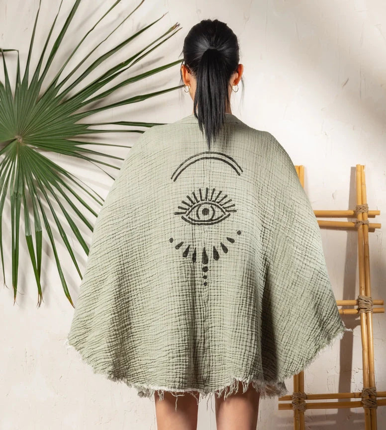 White Evil Eye Double Gauze Cotton Poncho Green