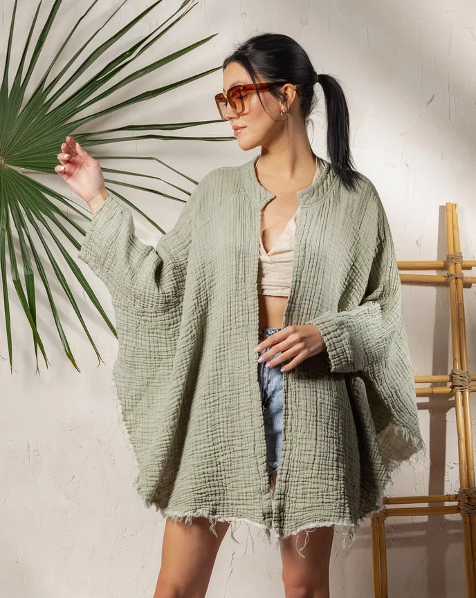 White Evil Eye Double Gauze Cotton Poncho Green