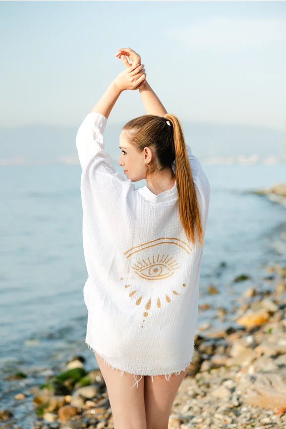 White Evil Eye Double Gauze Cotton Poncho White