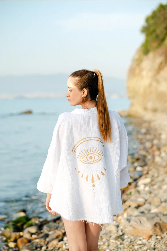 White Evil Eye Double Gauze Cotton Poncho White