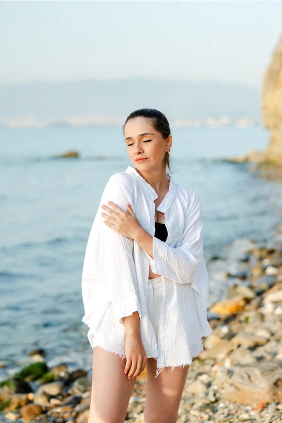 White Evil Eye Double Gauze Cotton Poncho White