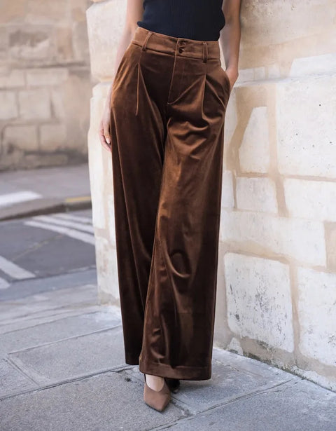 Wide Velvet Flowing Trousers with Double-Button Fastening