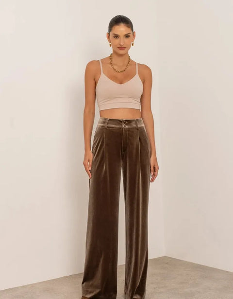 Wide Velvet Flowing Trousers with Double-Button Fastening