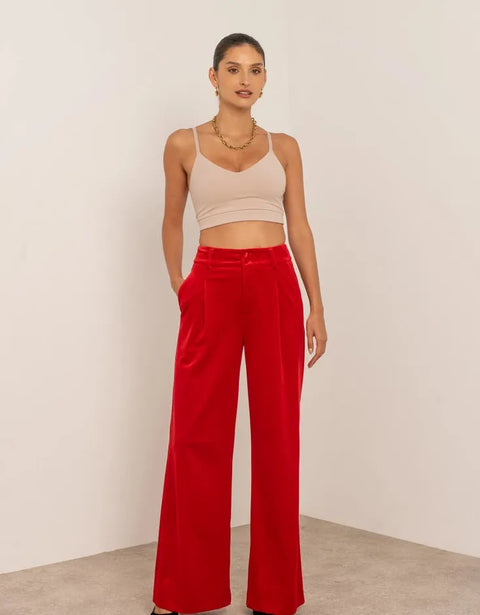 Wide Velvet Flowing Trousers with Double-Button Fastening