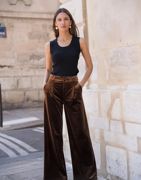 Wide Velvet Flowing Trousers with Double-Button Fastening