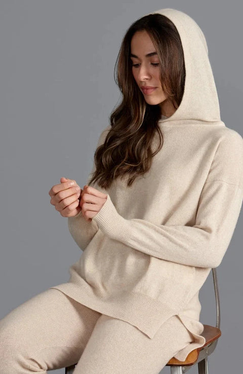 Womens 100% Cashmere Hooded Jumper Sandshell