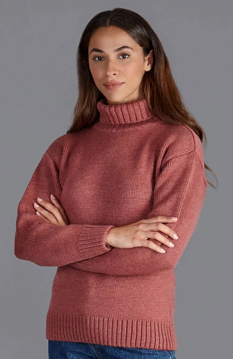 Womens 100% Chunky Merino Wool Submariner Roll Neck Jumper Dusky Pink