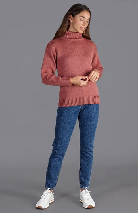 Womens 100% Chunky Merino Wool Submariner Roll Neck Jumper Dusky Pink