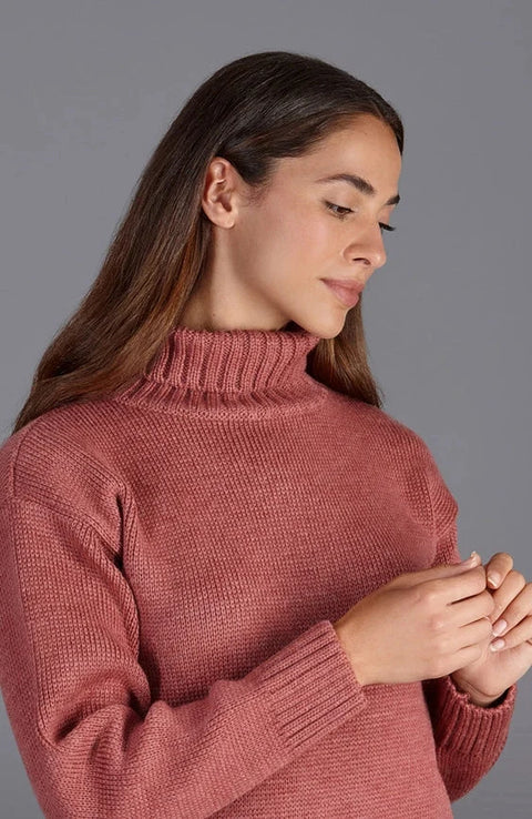 Womens 100% Chunky Merino Wool Submariner Roll Neck Jumper Dusky Pink