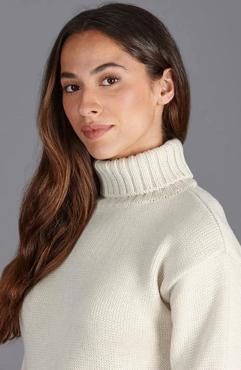 Womens 100% Chunky Merino Wool Submariner Roll Neck Jumper Ecru