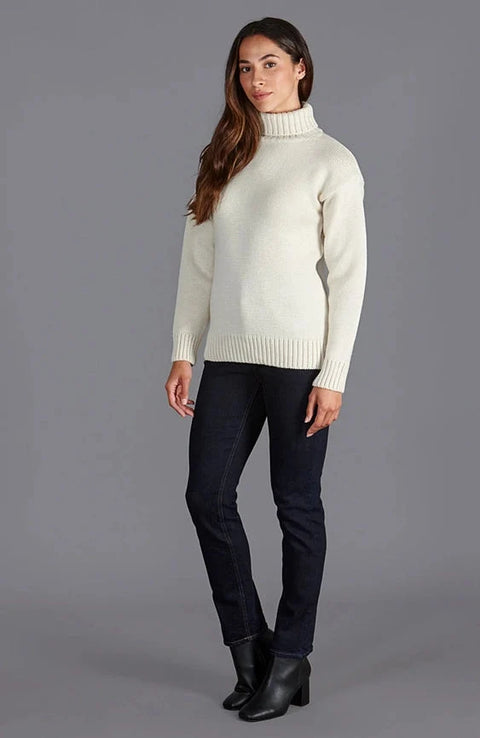Womens 100% Chunky Merino Wool Submariner Roll Neck Jumper Ecru