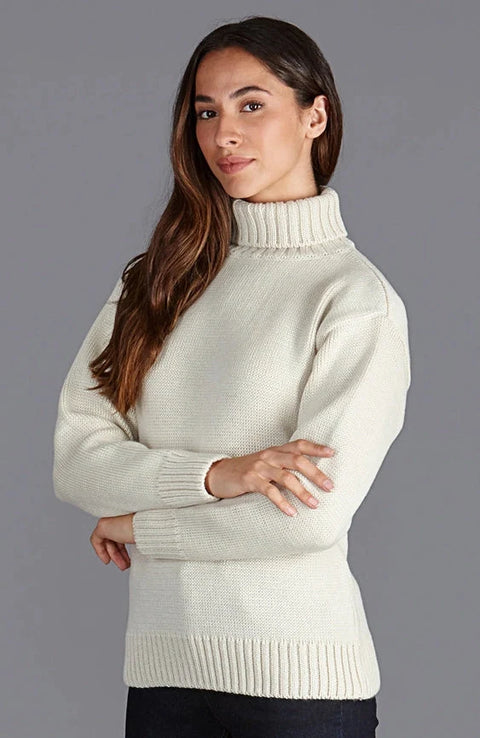 Womens 100% Chunky Merino Wool Submariner Roll Neck Jumper Ecru