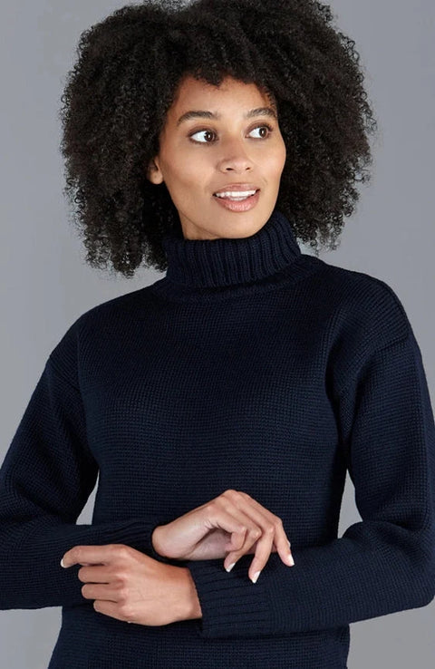 Womens 100% Chunky Merino Wool Submariner Roll Neck Jumper Navy
