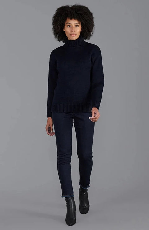 Womens 100% Chunky Merino Wool Submariner Roll Neck Jumper Navy